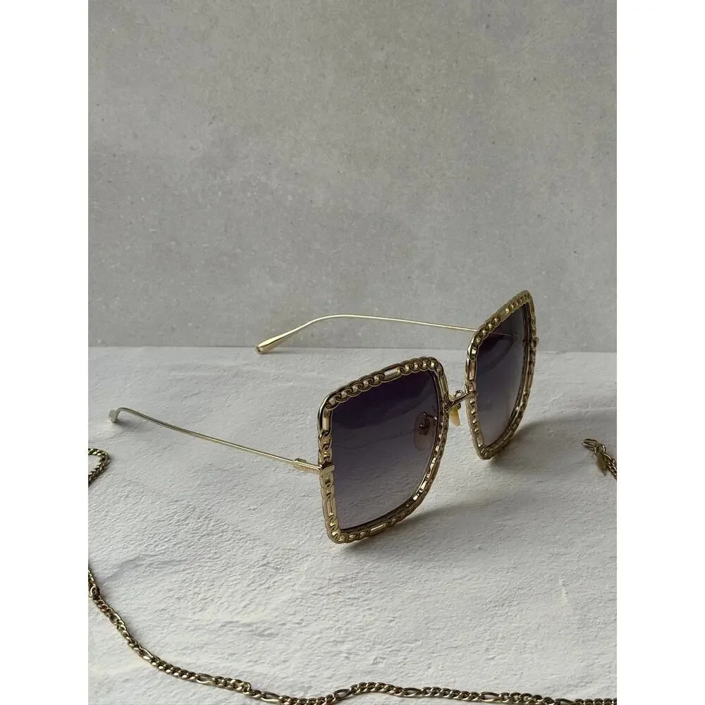 NEW Gucci GG1033S Oversized Gold Grey Lens Chain Sunglasses
